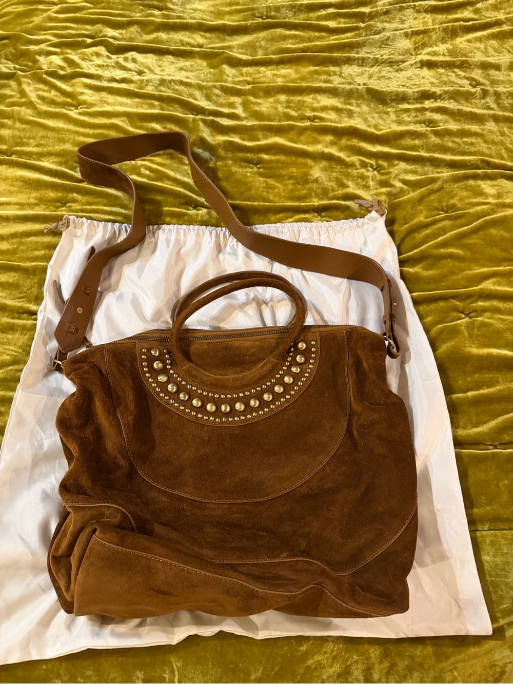 HOBO Maggie Studded Suede Satchel Bag - Camel